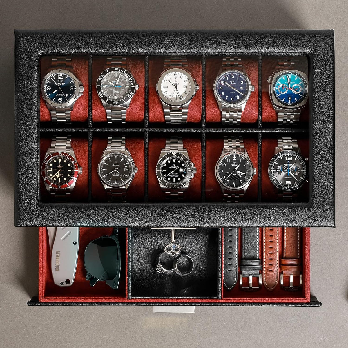 Valcourt™ Heritage 10-Slot Watch Box — Leather Valet Drawer, Black/Red