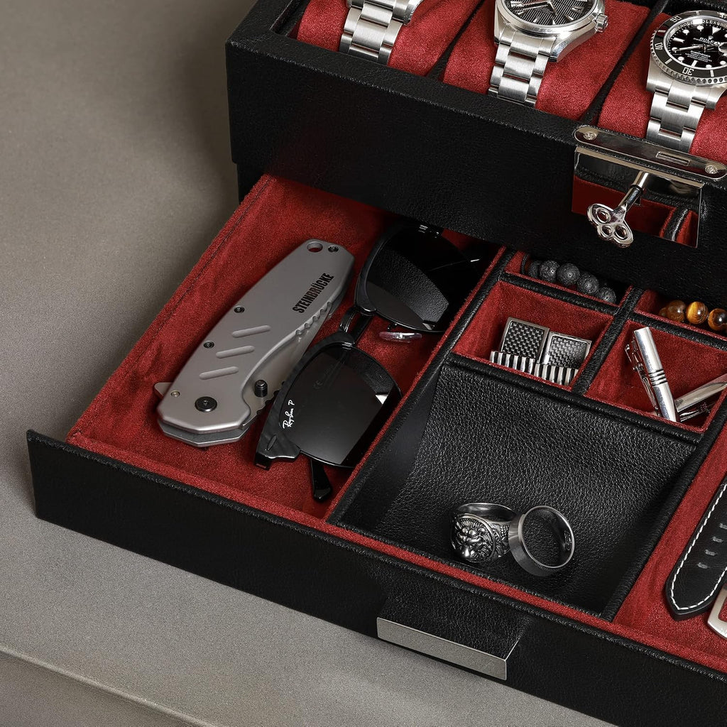 Valcourt™ Heritage 10-Slot Watch Box — Leather Valet Drawer, Black/Red