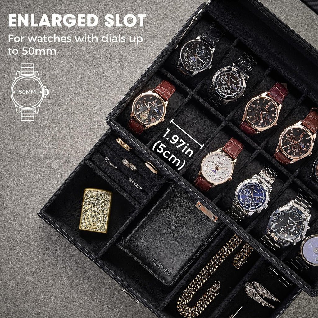 Valcourt™ 12-Slot Watch Box — All-Black with Valet Drawer