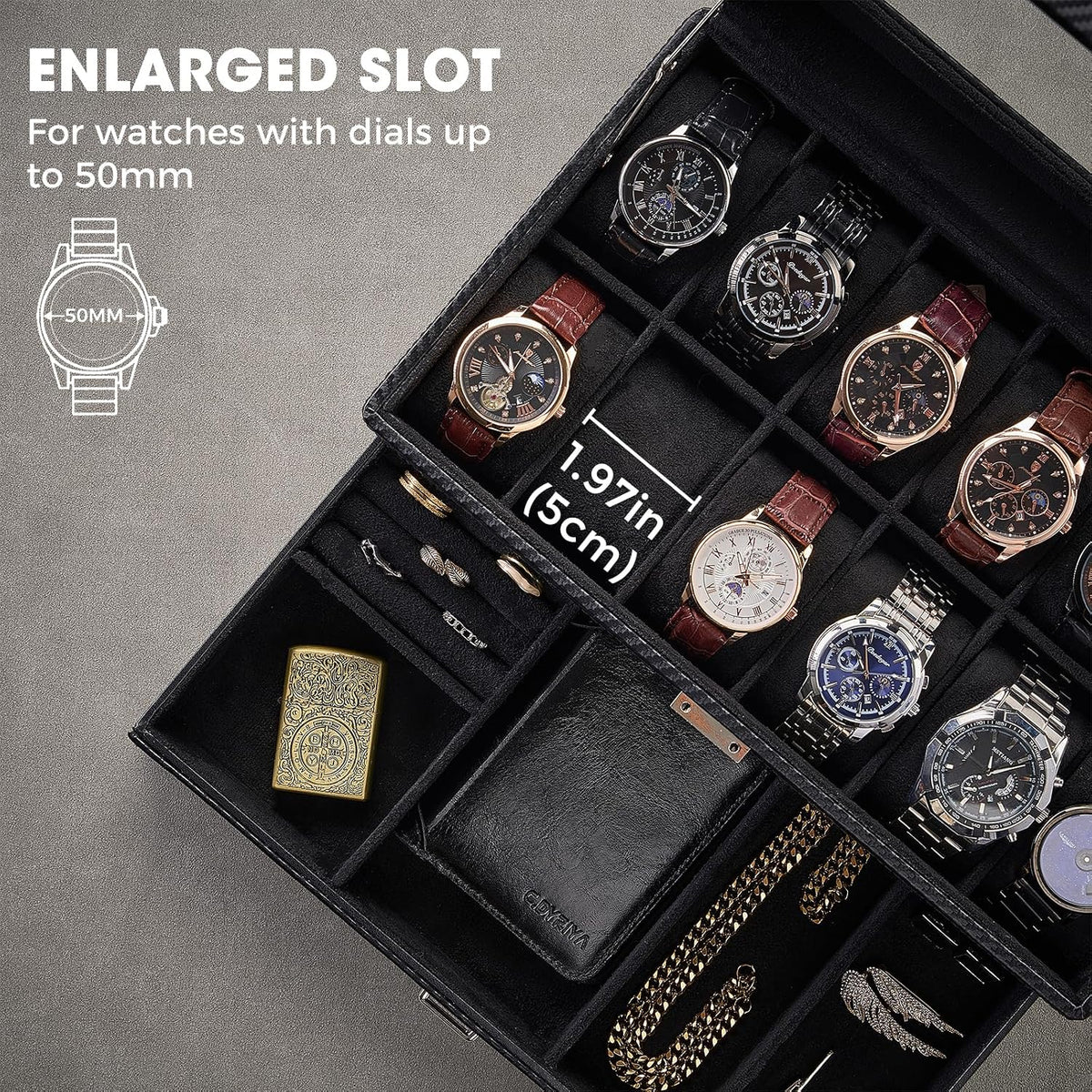 Valcourt™ 12-Slot Watch Box — All-Black with Valet Drawer
