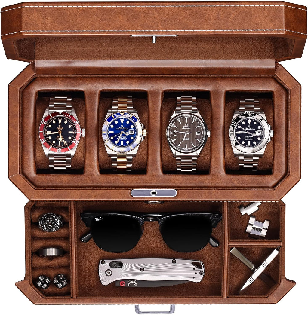 ROTHWELL Leather Watch Box with 4 Compartments & Storage Box