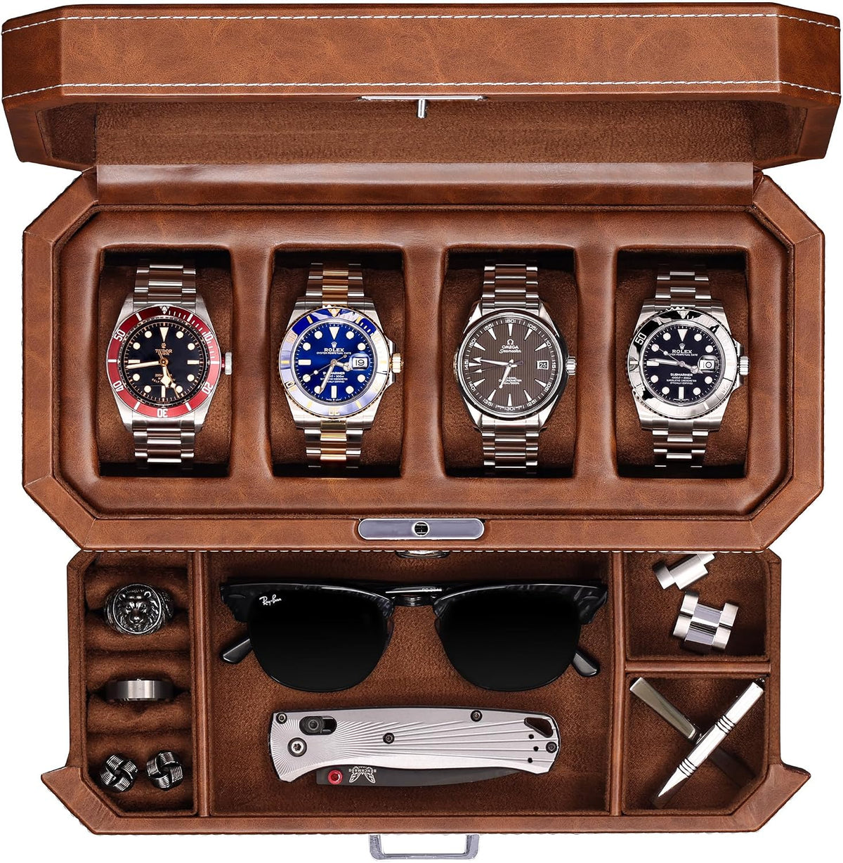 ROTHWELL Leather Watch Box with 4 Compartments & Storage Box