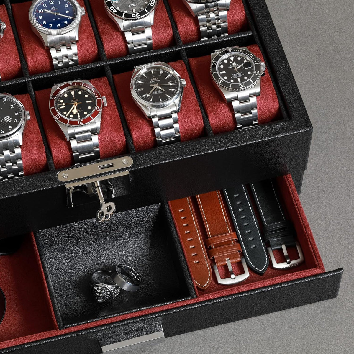Valcourt™ Heritage 10-Slot Watch Box — Leather Valet Drawer, Black/Red