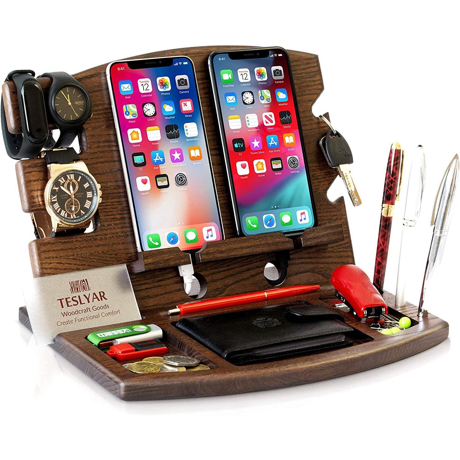 Wood Phone Docking Station Natural Ash Phone Key Holder Wallet Stand