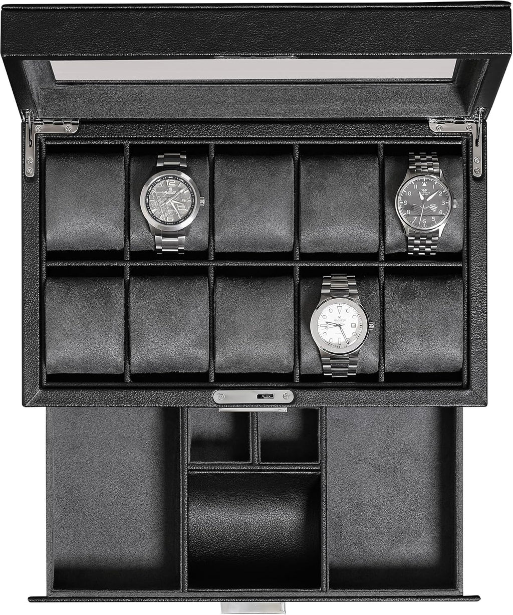 Valcourt™ Heritage 10-Slot Watch Box — Leather Valet Drawer, Black/Red