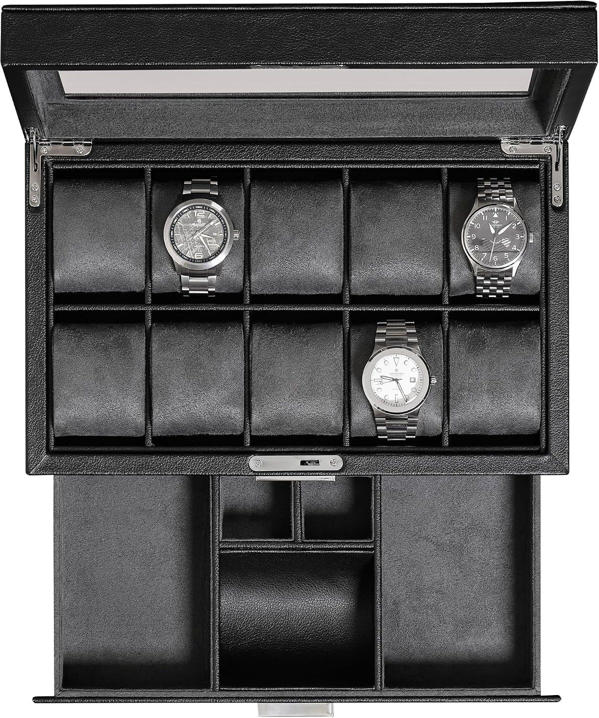 Valcourt™ Heritage 10-Slot Watch Box — Leather Valet Drawer, Black/Red