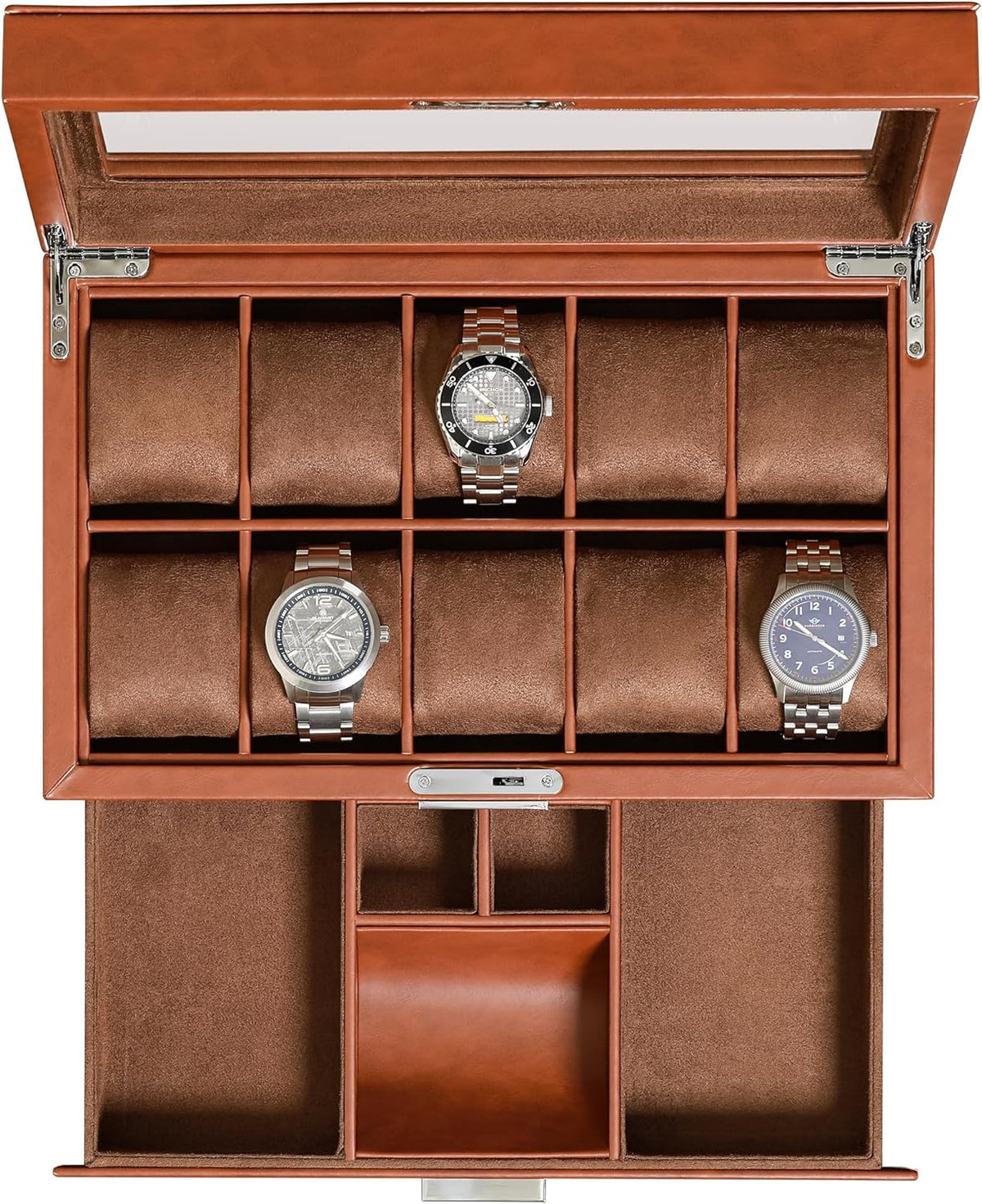 Valcourt™ Heritage 10-Slot Watch Box — Leather Valet Drawer, Black/Red