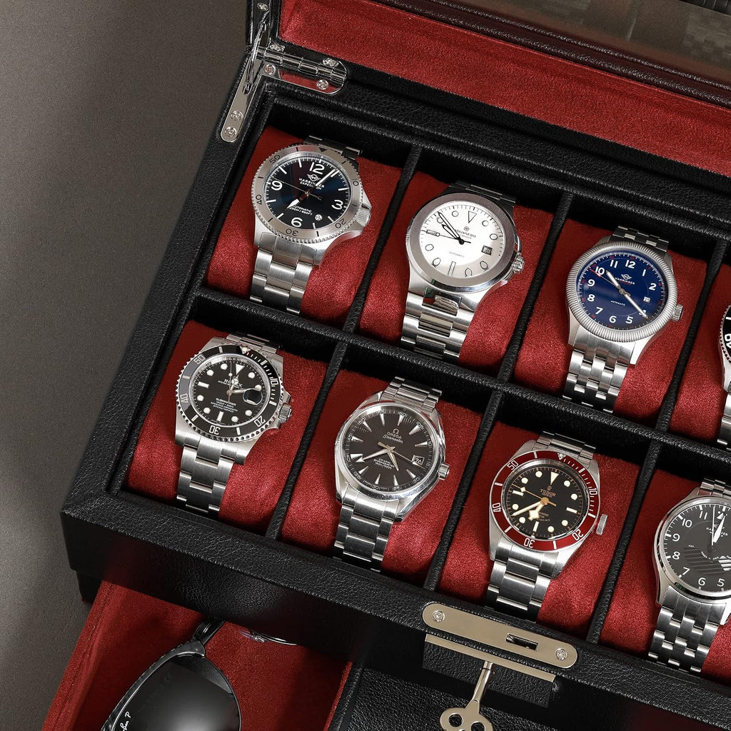 Valcourt™ Heritage 10-Slot Watch Box — Leather Valet Drawer, Black/Red