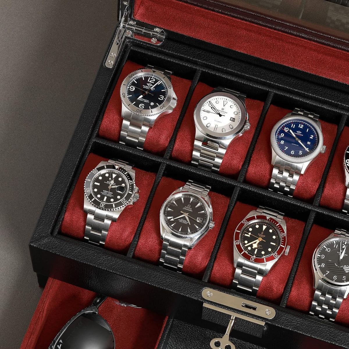 Valcourt™ Heritage 10-Slot Watch Box — Leather Valet Drawer, Black/Red