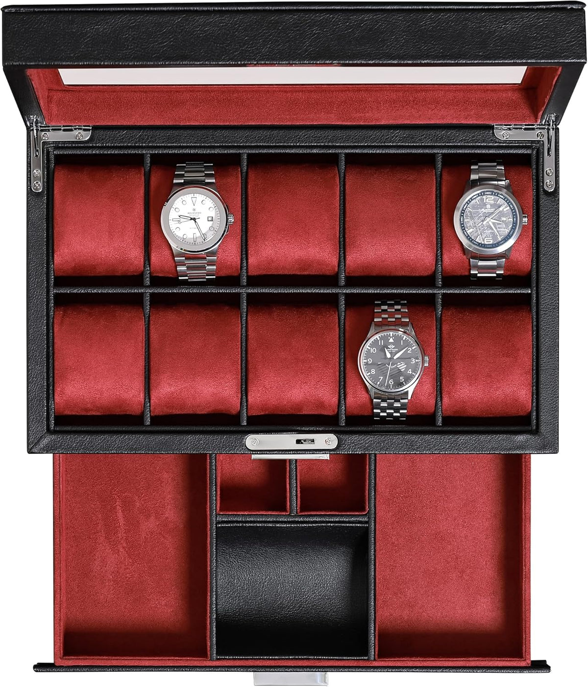 Valcourt™ Heritage 10-Slot Watch Box — Leather Valet Drawer, Black/Red