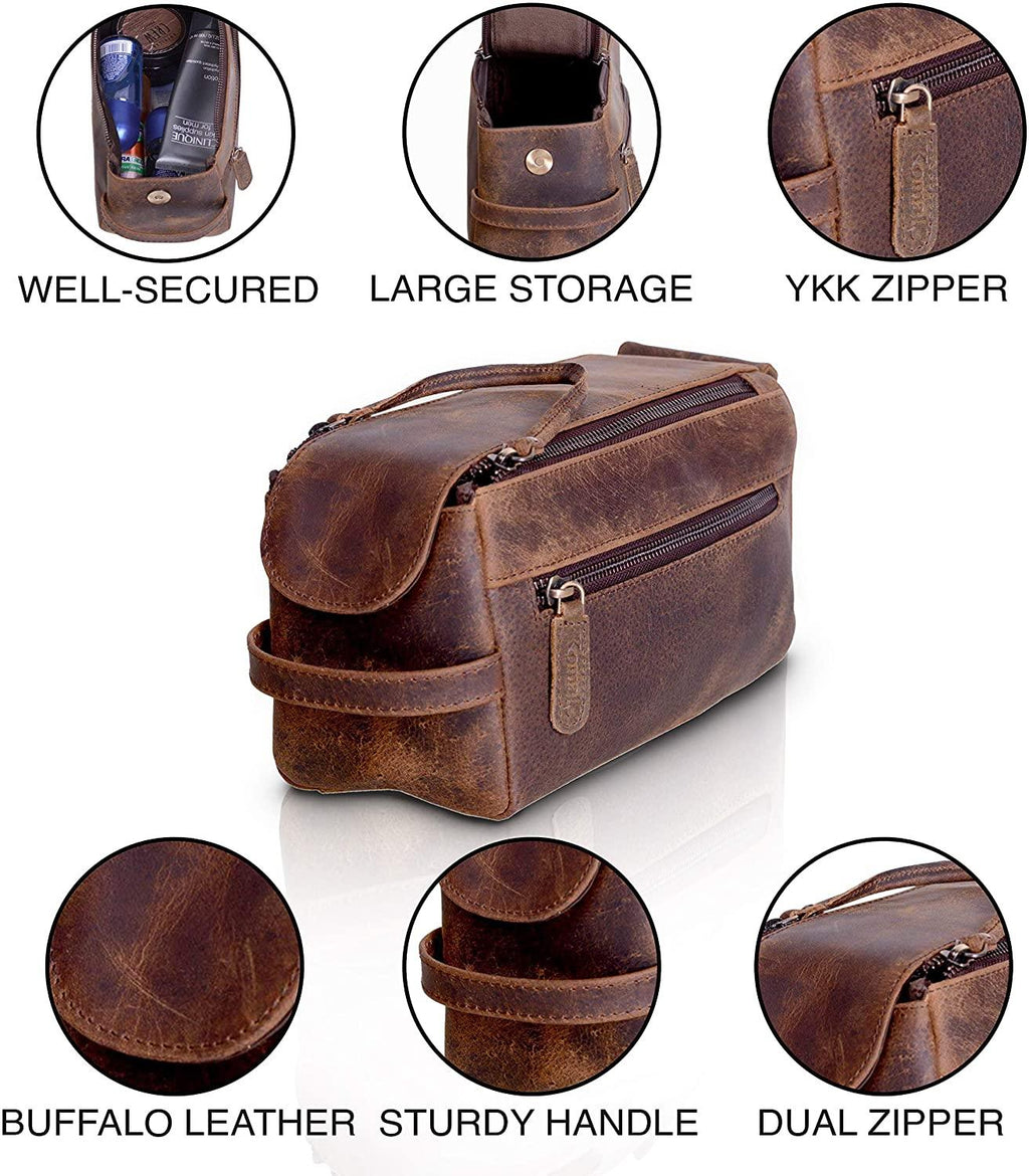 KomalC Premium Buffalo Leather Unisex Toiletry Bag Travel Dopp Kit