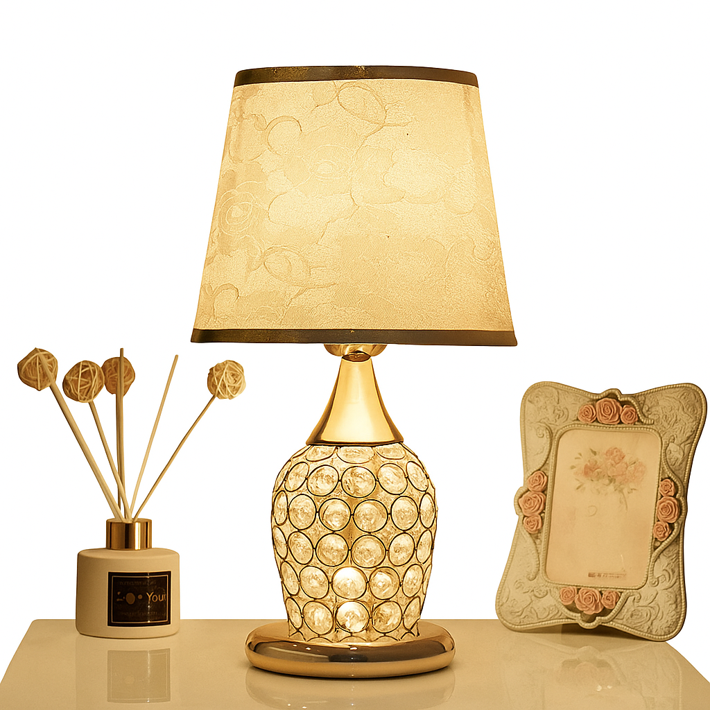 Crystal Table Lamp – European-Style Bedside Light with Fabric Shade and Resin Base
