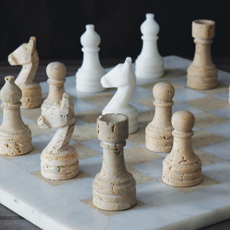 Marble Chess Set 38cm – Travertine & White