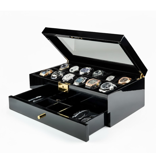 Luxury 12-Slot Watch Box Organizer – Lockable Glass Display Case with Velvet Lining