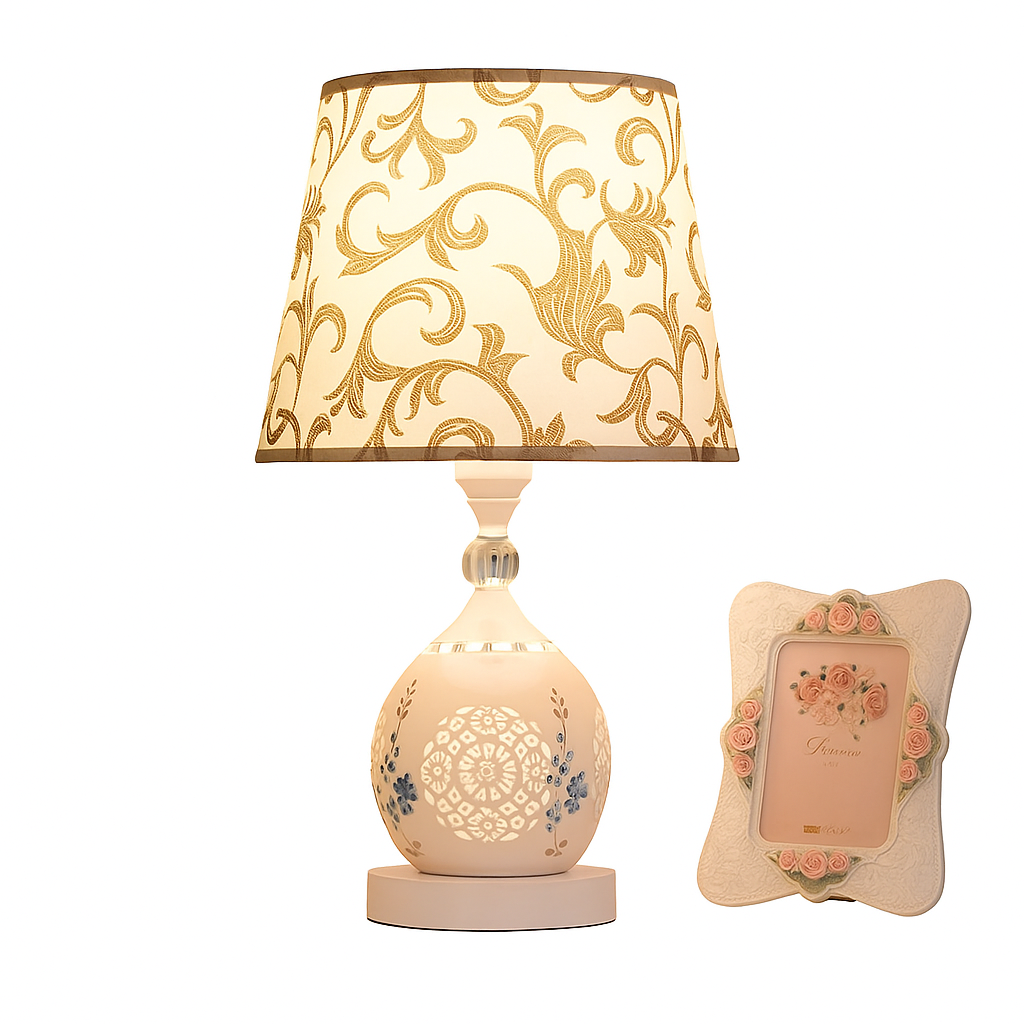 Crystal Table Lamp – European-Style Bedside Light with Fabric Shade and Resin Base