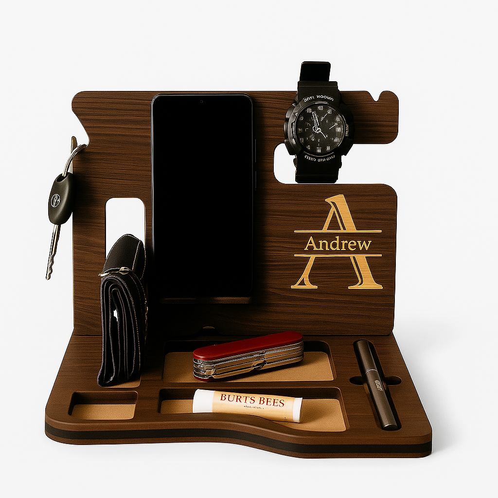 Personalised Wooden Docking Station – Custom Engraved Desk & Nightstand Organiser