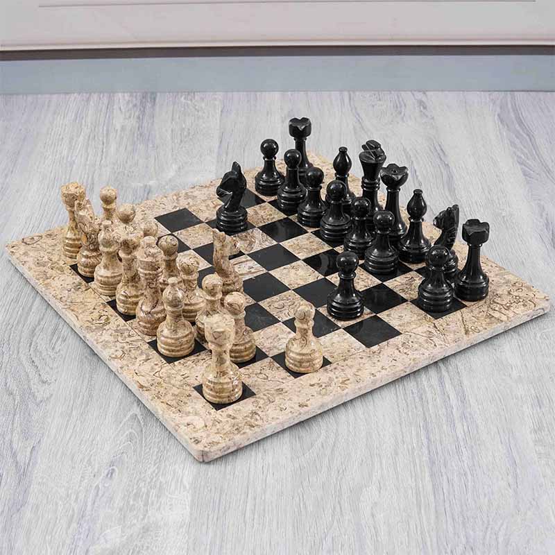 Marble Chess Set 38cm – Black & Coral