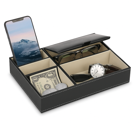 Men’s Leather Valet Tray Organizer – 5-Compartment Nightstand & Dresser Organizer
