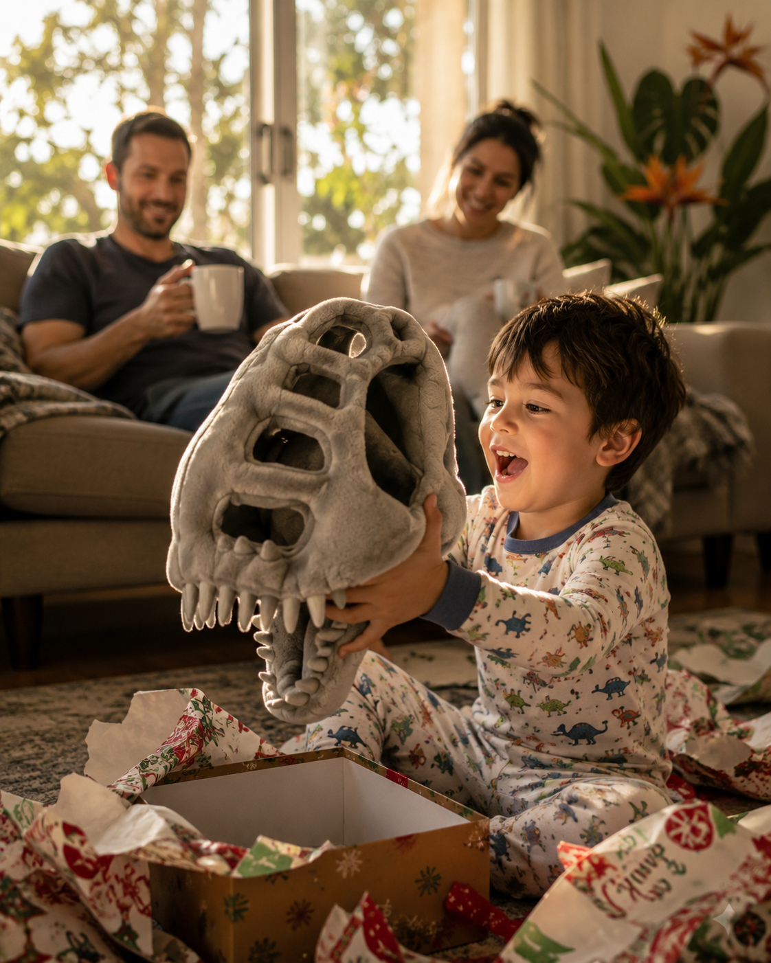 Kid pulling DinoRoar dinosaur head from Christmas gift box with parents watching