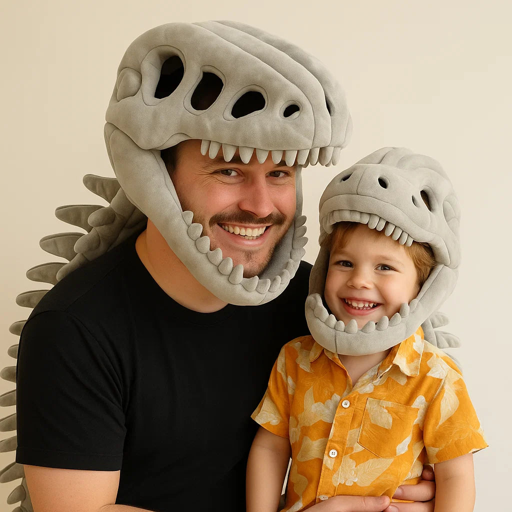 Dad and son side by side wearing DinoRoar dinosaur costumes laughing
