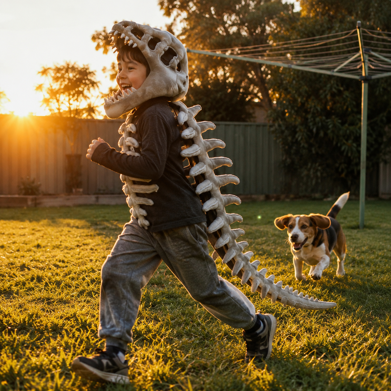 Aussie kid in DinoRoar costume trick-or-treating at twilight with ghost and witch friends