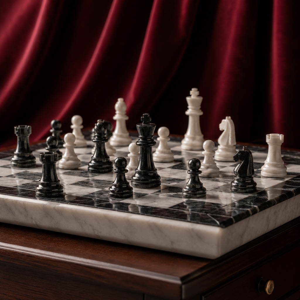 Handmade Marble Chess Set on wine velvet backdrop