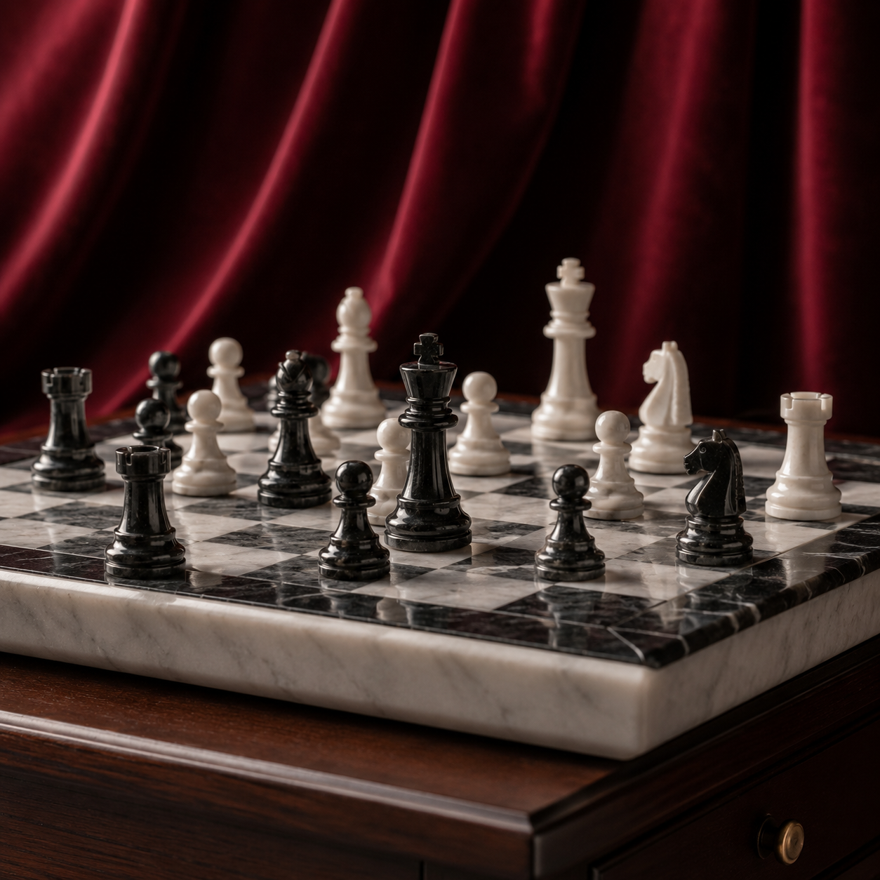 Handmade Marble Chess Set on wine velvet backdrop