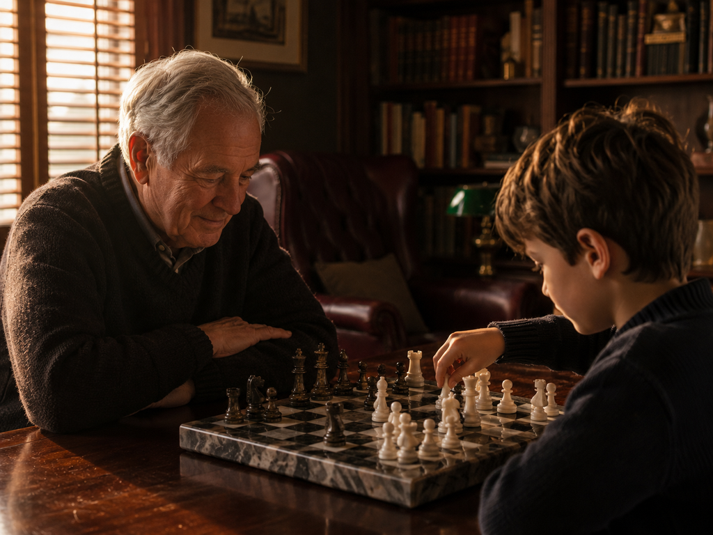 Grandfather and grandson playing marble chess