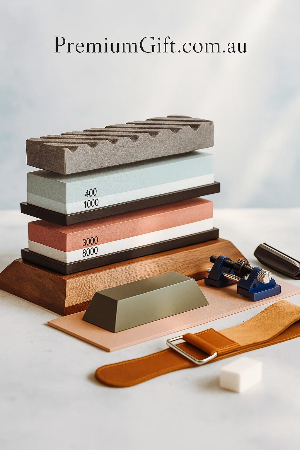 Knife Sharpening Stone Set – 4-Grit Whetstones with Bamboo Base & Leather Strop