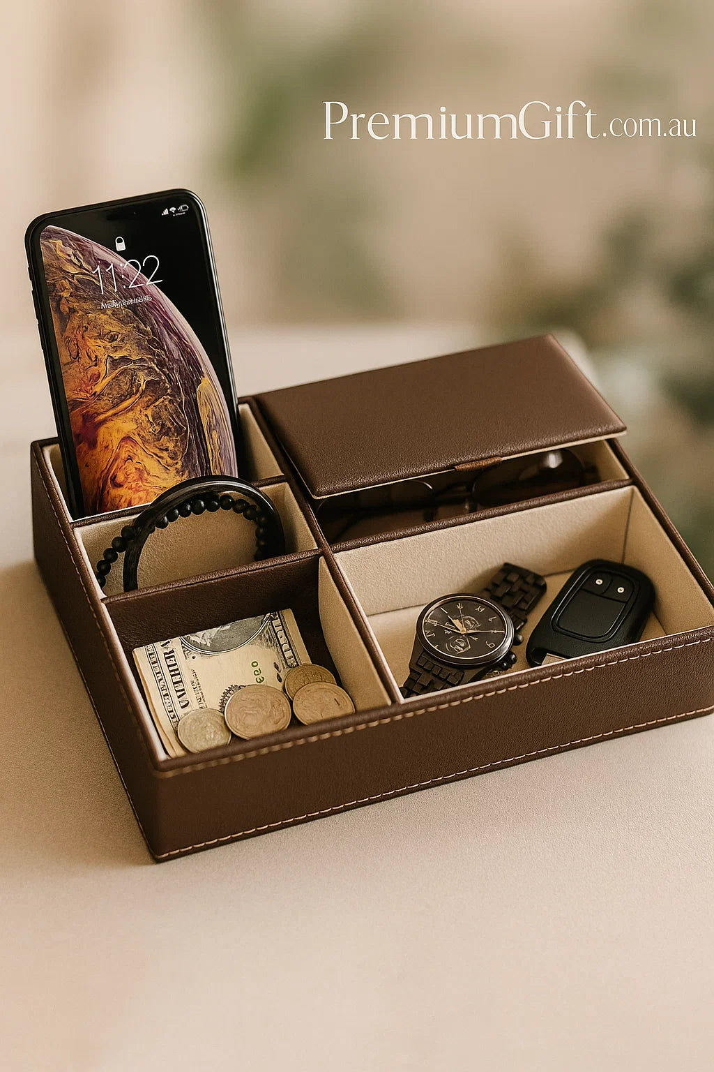 Men’s Leather Valet Tray Organizer – 5-Compartment Nightstand & Dresser Organizer